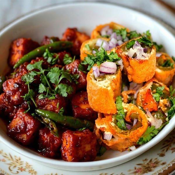 A white bowl filled with two distinct Indian dishes, one with red paneer and green chilies, the other with fried rolls topped with onions and cilantro.