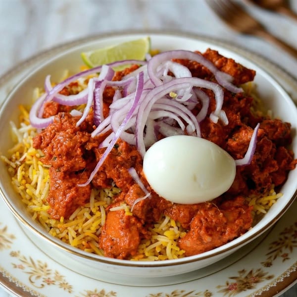A bowl of chicken biryani with yellow rice, red chicken, sliced red onions, a lime wedge, and a boiled egg.