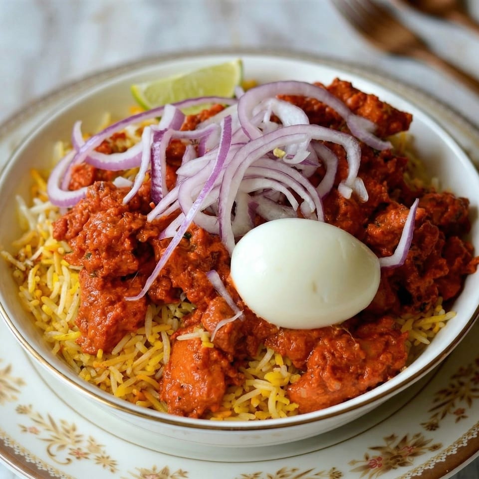 A bowl of chicken biryani with yellow rice, red chicken, sliced red onions, a lime wedge, and a boiled egg.